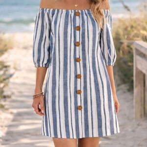 Wrapper striped off-the-shoulder faux button-front dress, sz M. BOHO, Resortcore